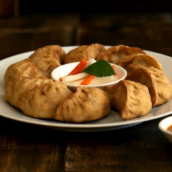 A plate of golden-brown fried Tibetan momos arranged in a circle around a small dish of pickled vegetables.